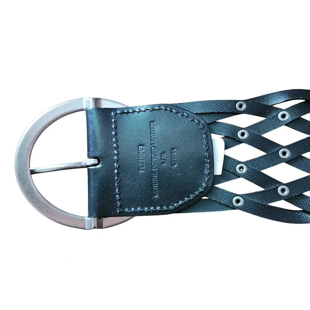 Black Woven Bonded Leather Studded Wide Belt Round Silver Buckle L/XL Boho